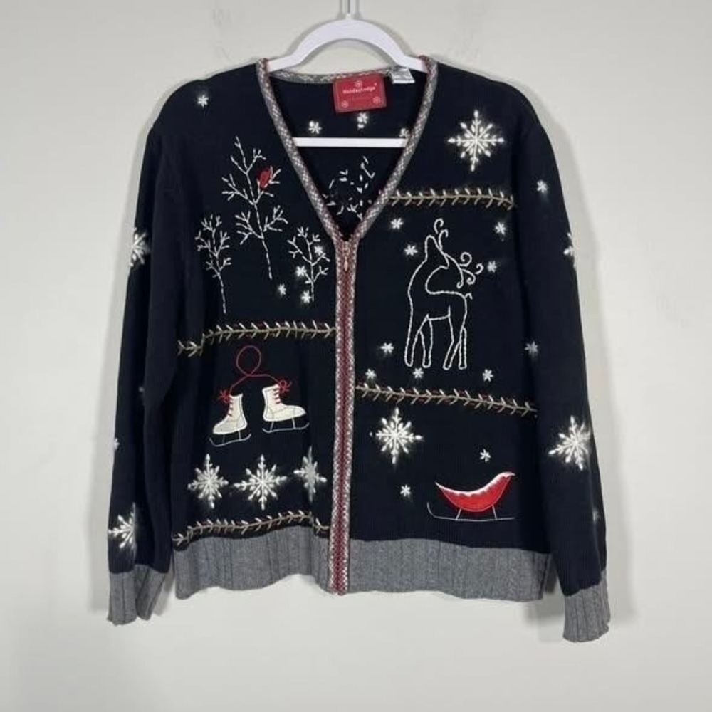 VTG Holiday Lodge Northcrest Christmas Cardigan Sweater Wms XL Blk Rabbit Fur